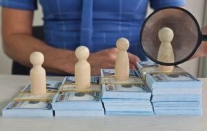 wooden figures positioned on stacks of money in a financial analysis setting