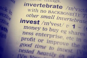 close up of english dictionary page with word invest.