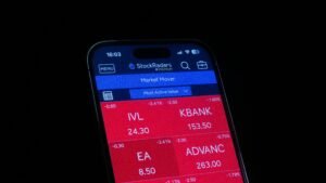 Close-up of a smartphone displaying a stock market app showing red losses.